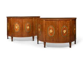 A PAIR OF GEORGE III HAREWOOD, MARQUETRY AND POLYCHROME-DECORATED DEMI-LUNE COMMODES