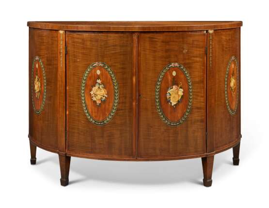 A PAIR OF GEORGE III HAREWOOD, MARQUETRY AND POLYCHROME-DECORATED DEMI-LUNE COMMODES - photo 4