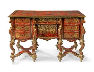 A LOUIS XIV EBONY, RED TORTOISESHELL AND BRASS-INLAID BUREAU MAZARIN