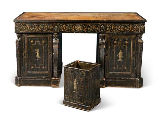 A REGENCY REVIVAL SIMULATED-CALAMANDER, CREAM AND GOLD-PAINTED PEDESTAL DESK - photo 1