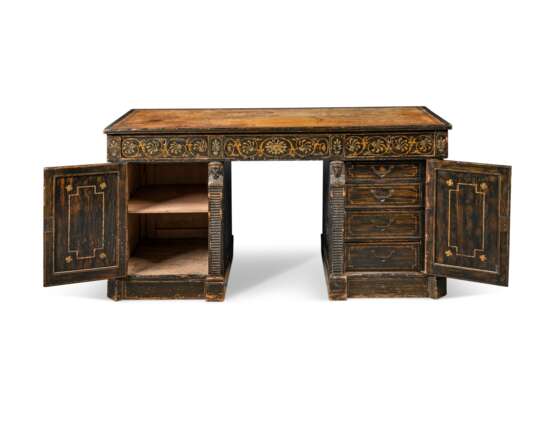 A REGENCY REVIVAL SIMULATED-CALAMANDER, CREAM AND GOLD-PAINTED PEDESTAL DESK - photo 2