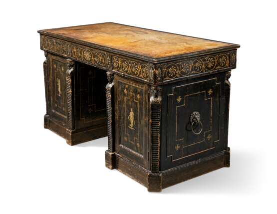 A REGENCY REVIVAL SIMULATED-CALAMANDER, CREAM AND GOLD-PAINTED PEDESTAL DESK - photo 3