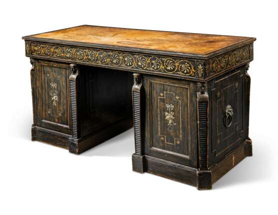 A REGENCY REVIVAL SIMULATED-CALAMANDER, CREAM AND GOLD-PAINTED PEDESTAL DESK - фото 4