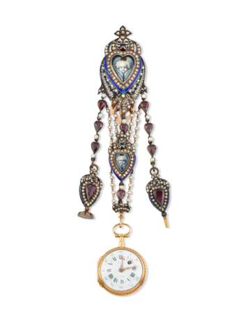 ANTIQUE DIAMOND, SEED PEARL, GARNET AND ENAMEL CHATELAINE AND GOLD POCKET WATCH - фото 2