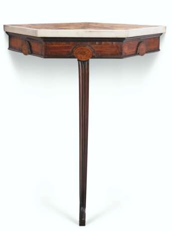 A GEORGE III BLUE JOHN, MAHOGANY, SATINWOOD AND KINGWOOD-CROSSBANDED CORNER TABLE - photo 1