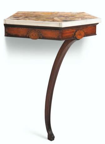 A GEORGE III BLUE JOHN, MAHOGANY, SATINWOOD AND KINGWOOD-CROSSBANDED CORNER TABLE - photo 2