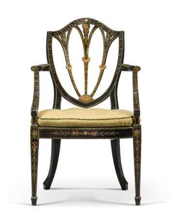 A GEORGE III EBONISED AND POLYCHROME-PAINTED OPEN ARMCHAIR - Foto 1