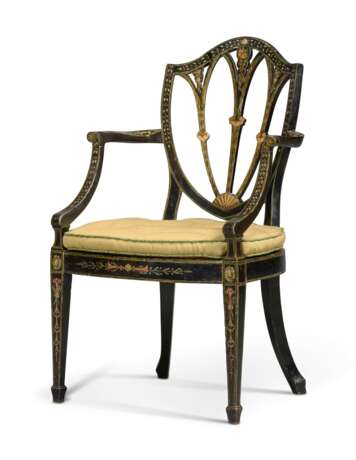 A GEORGE III EBONISED AND POLYCHROME-PAINTED OPEN ARMCHAIR - фото 3