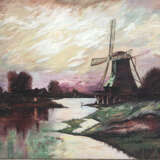 Sonnenuntergang am Kanal mit Mühle - фото 1