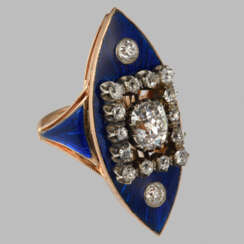 Anneau en forme de «Marquis» dans le bleu de l'émail et diamants