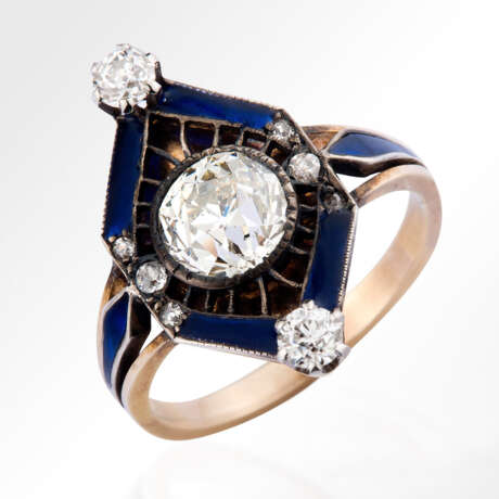 «Кольцо из золота с бриллиантом в синей эмали» - фото 1