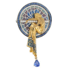 Brooch of gold set with sapphires and glass enamel