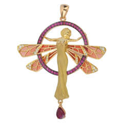 Pendant in the art Nouveau style with stained-glass rubies and enamel