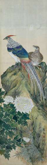 Malerei mit Darstellung eines Fasanenpaar und Chrysanthemenm, Tusche und Farben auf Seide - Foto 1