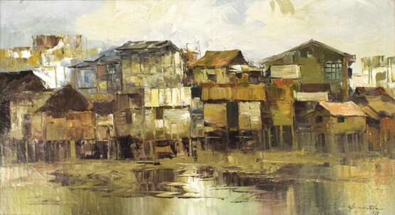 Bezeichnet: C. Buenaventura: Malerei mit Darstellung eines Dorfes am Fluss - Foto 1