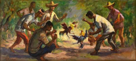 Bezeichnet: M. Galvez: Malerei mit Darstellung eines Hahnenkampfes, - фото 1