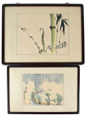 Zwei gerahmte Malereien, eine Flusslandschaft und eine Libelle mit Bambus - photo 1