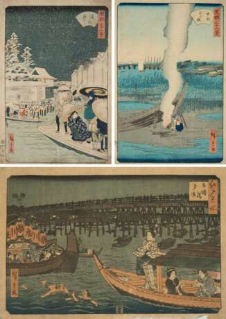 Utagawa Hiroshige II: Zwei kolorierte Holzdrucke aus der Serie 'Tôtô sanjûrokkei', Titel:'Yoroi no watashi', sign.: Hiroshige ga, Verlag: Ai-To, Datum: 1862 - Titel: 'Nakazu Mitsumata', sign.: Hiroshige ga (Verleger: Ai-To, Fehlstelle im Papier), Datum: 1 - photo 1