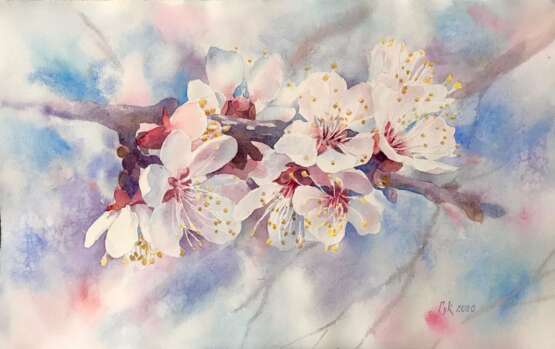 Painting “Apricots are in bloom”, Olesya Guk, Акварель на бумаге, Mixed media, Action painting, Landscape painting, Ukraine, 2020 - photo 1