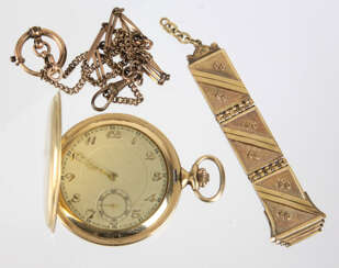 Golddoublé Savonette mit Uhrenkette u. Chatleine