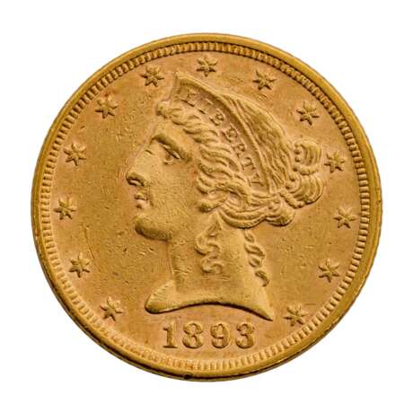 USA - 5 Dollar 1893 ohne Münzzeichen, GOLD, - Foto 1