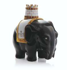 A LARGE JEWELLED AND ENAMEL GOLD-MOUNTED OBSIDIAN MODEL OF AN ELEPHANT AND CASTLE