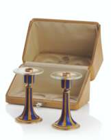 A PAIR OF RARE GUILLOCHÉ ENAMEL, ROCK CRYSTAL AND TWO-COLOUR GOLD AND SILVER CANDLE STICKS
