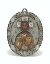 A RARE SILVER-GILT AND CLOISONNÉ ENAMEL ICON OF CHRIST PANTOCRATOR