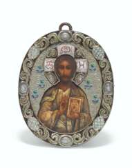 A RARE SILVER-GILT AND CLOISONN&#201; ENAMEL ICON OF CHRIST PANTOCRATOR