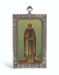 A SILVER-MOUNTED ICON OF ST SERGEI OF RADONEZH