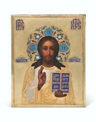 A CLOISONN&#201; AND CHAMPLEV&#201; ENAMEL PARCEL-GILT SILVER ICON OF CHRIST PANTOCRATOR