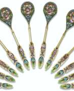 Cutlery set. A SET OF TWELVE SILVER-GILT AND CLOISONN&#201; ENAMEL SPOONS