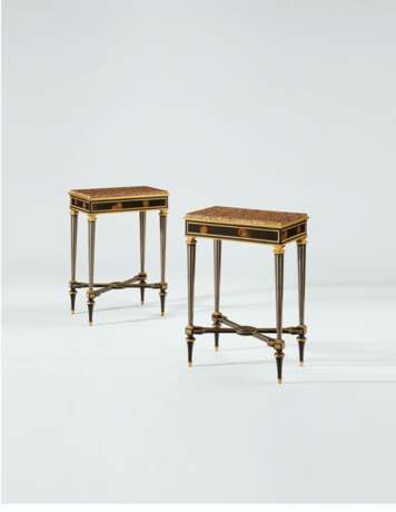 A PAIR OF LOUIS XVI ORMOLU-MOUNTED, PEWTER AND LACQUERED TOLE-INLAID EBONY AND EBONIZED TABLES DE CAFE - фото 1