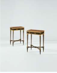 A PAIR OF LOUIS XVI ORMOLU-MOUNTED, PEWTER AND LACQUERED TOLE-INLAID EBONY AND EBONIZED TABLES DE CAFE