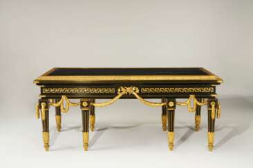 A LARGE FRENCH ORMOLU-MOUNTED AND BRASS-INLAID EBONIZED LIBRARY TABLE