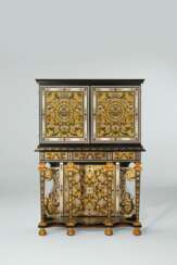 A LOUIS XIV PEWTER AND BRASS-INLAID EBONY, PARCEL-GILT AND BOULLE MARQUETRY CABINET-ON-STAND