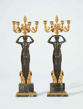 A PAIR OF EMPIRE ORMOLU, PATINATED BRONZE AND VERT DE MER MARBLE FOUR-BRANCH CANDELABRA - фото 2