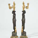 A PAIR OF EMPIRE ORMOLU, PATINATED BRONZE AND VERT DE MER MARBLE FOUR-BRANCH CANDELABRA - фото 3