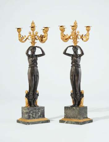 A PAIR OF EMPIRE ORMOLU, PATINATED BRONZE AND VERT DE MER MARBLE FOUR-BRANCH CANDELABRA - фото 4