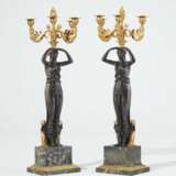 A PAIR OF EMPIRE ORMOLU, PATINATED BRONZE AND VERT DE MER MARBLE FOUR-BRANCH CANDELABRA - фото 4