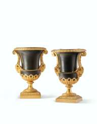 A PAIR OF FRENCH ORMOLU AND PATINATED BRONZE VASES