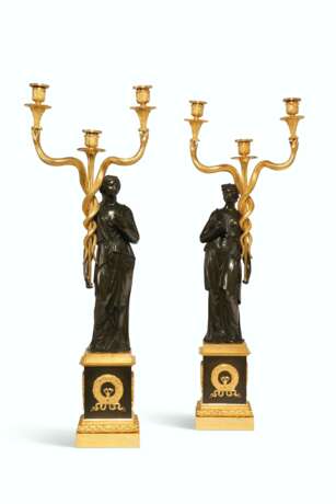 A PAIR FRENCH ORMOLU AND PATINATED BRONZE THREE-BRANCH CANDELABRA - photo 1