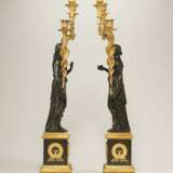 A PAIR FRENCH ORMOLU AND PATINATED BRONZE THREE-BRANCH CANDELABRA - фото 2