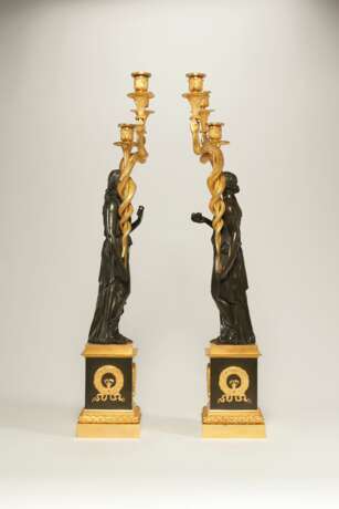 A PAIR FRENCH ORMOLU AND PATINATED BRONZE THREE-BRANCH CANDELABRA - photo 2