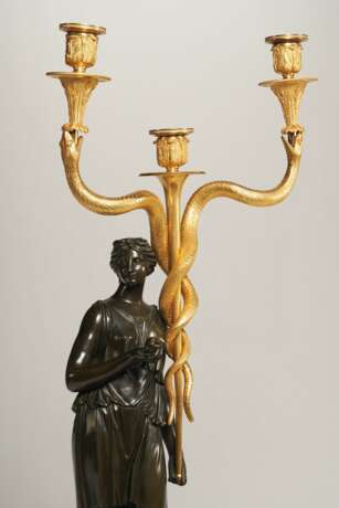 A PAIR FRENCH ORMOLU AND PATINATED BRONZE THREE-BRANCH CANDELABRA - фото 4