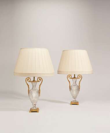 A PAIR OF FRENCH ORMOLU-MOUNTED CUT-GLASS TWO-HANDLED VASES, MOUNTED AS LAMPS - фото 1