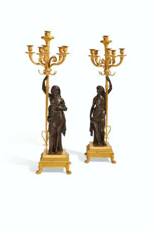 A PAIR OF FRENCH ORMOLU AND PATINATED BRONZE SIX-LIGHT CANDELABRA - photo 1