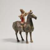 A CHINESE PAINTED GREY POTTERY FIGURE OF AN ARCHER ON HORSEBACK - photo 3