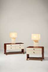 TWO PARCHMENT-VENEERED AND STAINED STRAW BEDSIDE TABLES