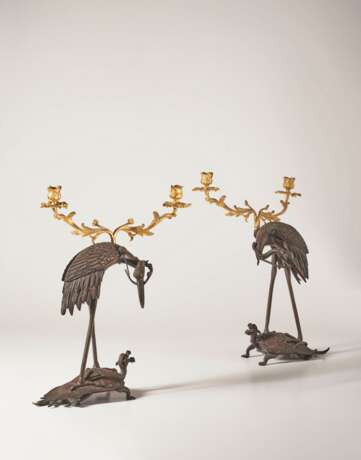 A PAIR OF FRENCH ORMOLU AND PATINATED BRONZE TWO-LIGHT CANDELABRA - фото 3